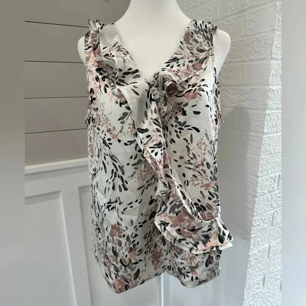 White House Black Market Floral Ruffle Top - Pink and Black